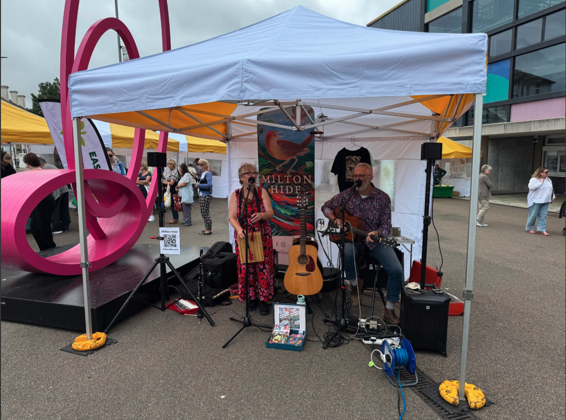 couple stand under gazebo playing guitar and singing in the middle of a market square with people milling around